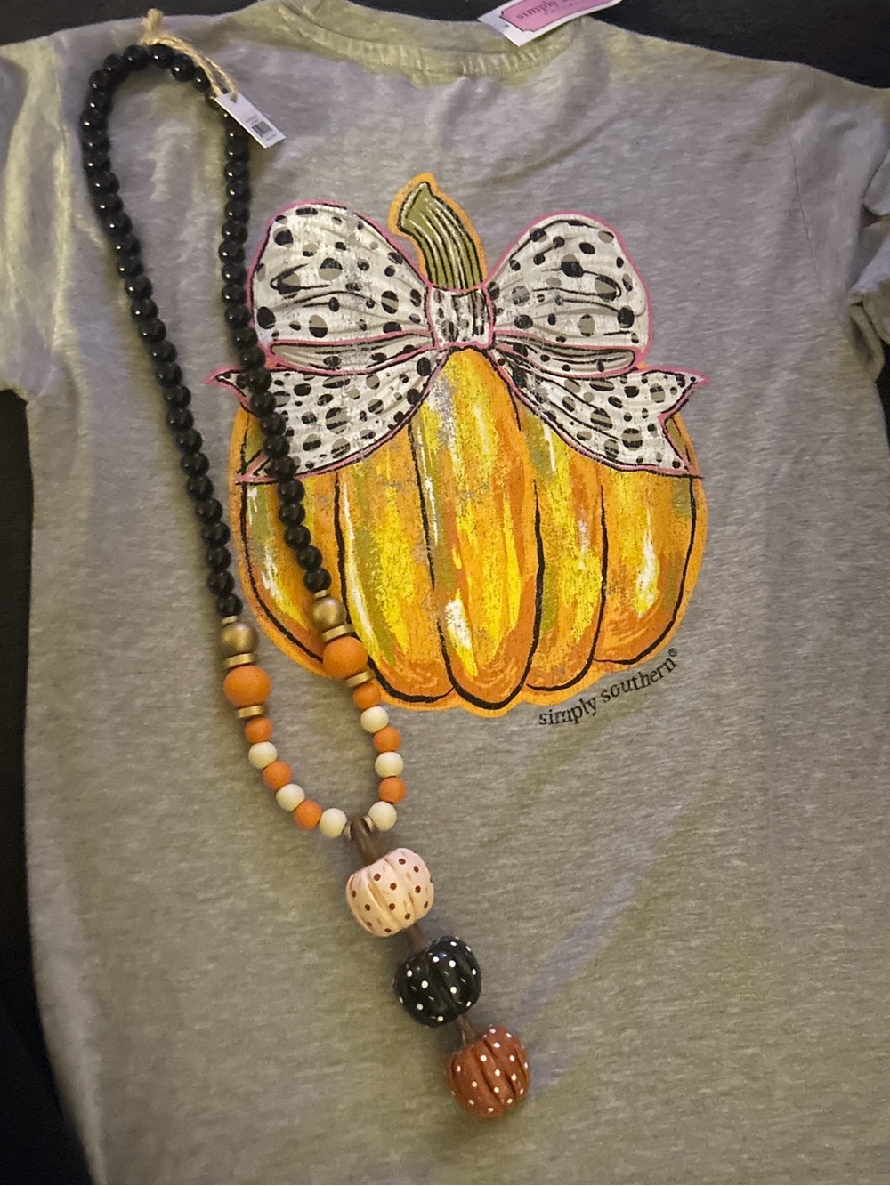 New Simply Southern Halloween Fall Pumpkin Bow Shirt Necklace Set Kids Medium